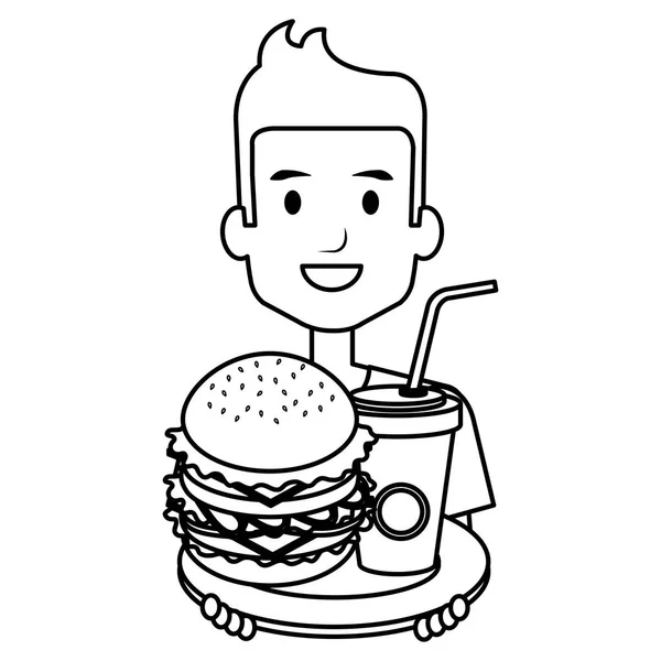 Homme avec hamburger délicieux et soda — Image vectorielle