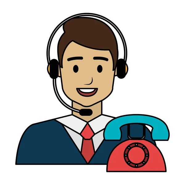 Call center agent with headset and telephone — Stock Vector