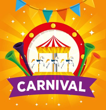 Carnival Merry etiket parti afiş ile yuvarlak ve trompetler gitmek