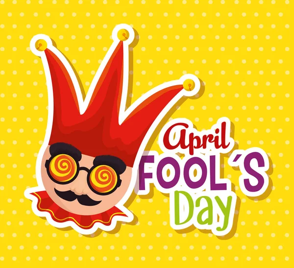 Gezicht met snor dragen Joker hoed aan Fools dag — Stockvector
