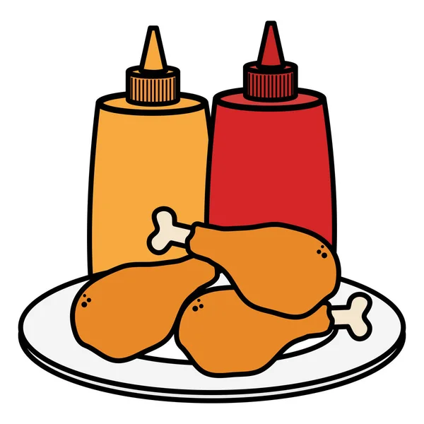 Plato con muslos de pollo y botellas de salsas — Vector de stock