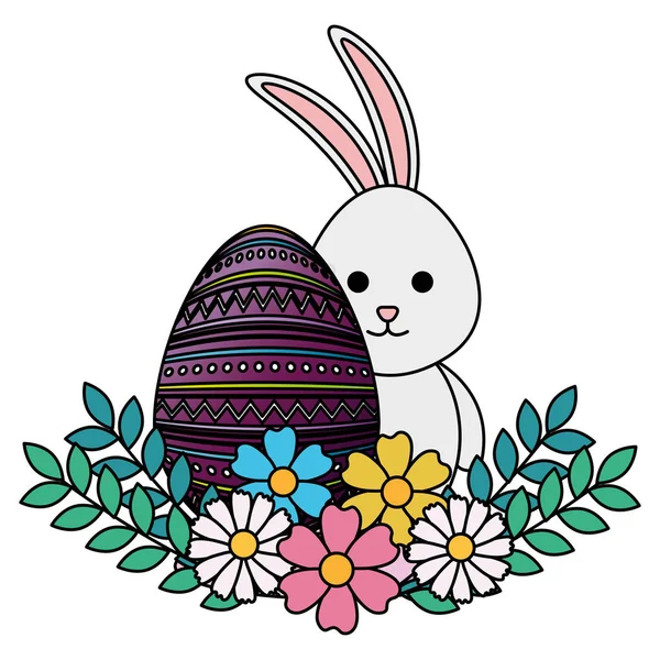 Яичная краска с милым кроликом и цветы пасхальные украшения — стоковый вектор