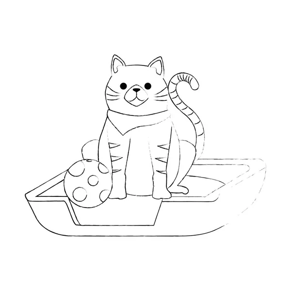 Mascote gato bonito na cama com personagem bola — Vetor de Stock