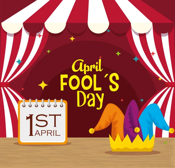 Circus with calendar and joker hat to fools day — Stock Vector