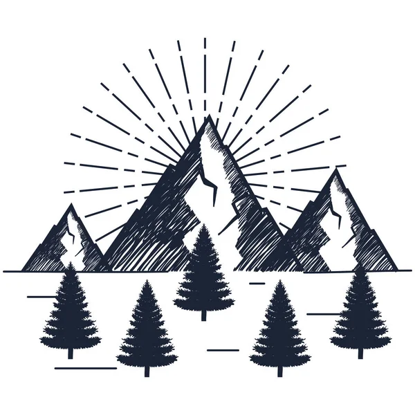 Montañas nevadas con árboles de pinos a explorador de la lujuria errante — Vector de stock