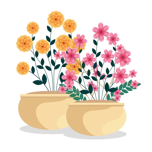 Piante di fiori esotici con foglie di rami all'interno vaso da fiori — Vettoriale Stock