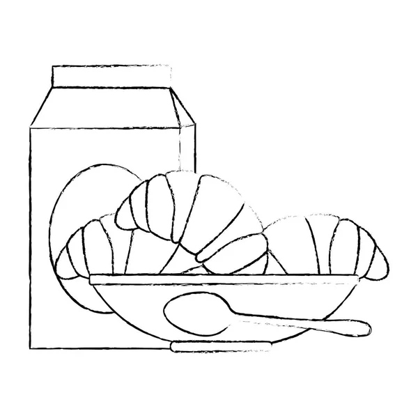 ครัวซองขนมปังอร่อยในจานและกล่องนม — ภาพเวกเตอร์สต็อก