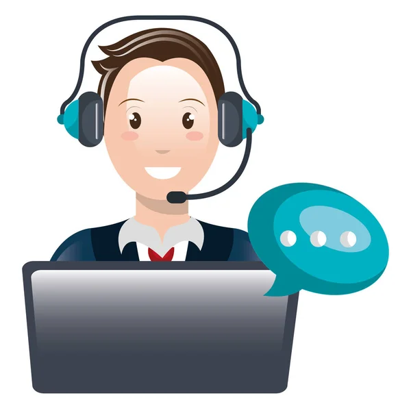 Call Center agent met headset en laptop — Stockvector
