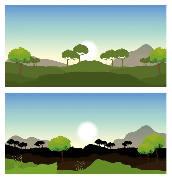 Ensemble écologie arbres et montagnes paysage — Image vectorielle