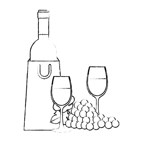 Botella de vino con taza y uvas — Vector de stock