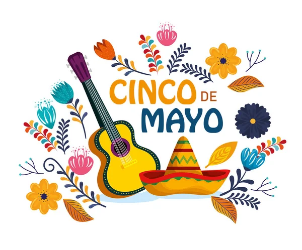 Guitare avec chapeau et fleurs à l'événement mexicain — Image vectorielle