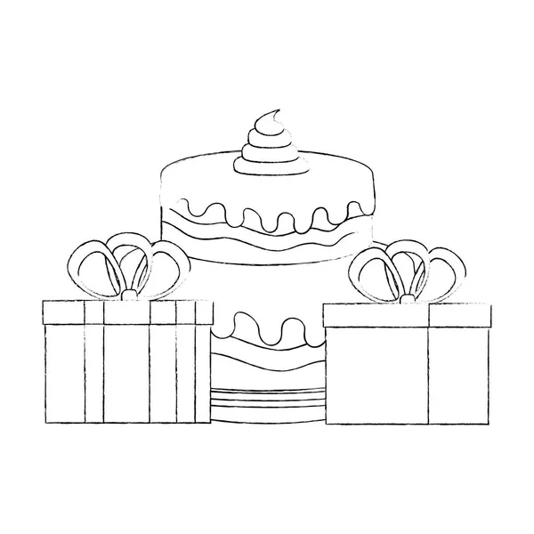 Sweet and delicious cake with gifts presents — Stock Vector