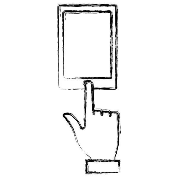 Ręką człowieka z smartphone urządzenia ikona na białym tle — Wektor stockowy