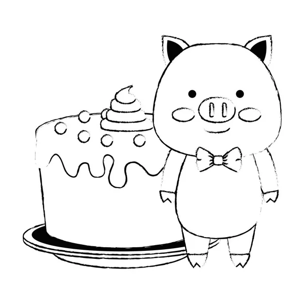 可爱的猪与甜蛋糕字符图标 — 图库矢量图片