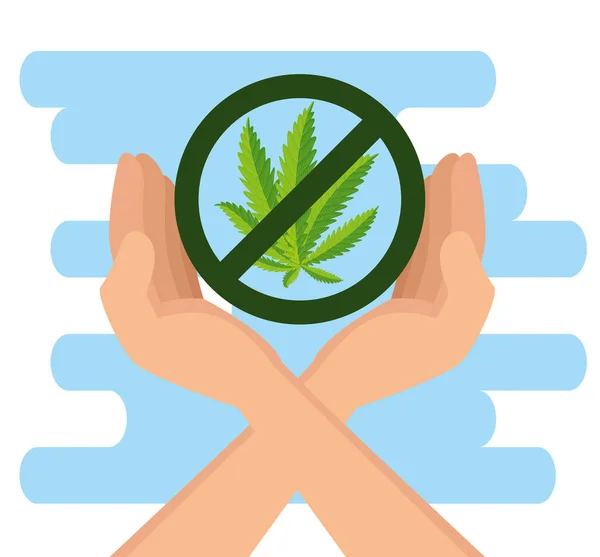 Manos con la naturaleza planta de cannabis y signo prohibido — Archivo Imágenes Vectoriales