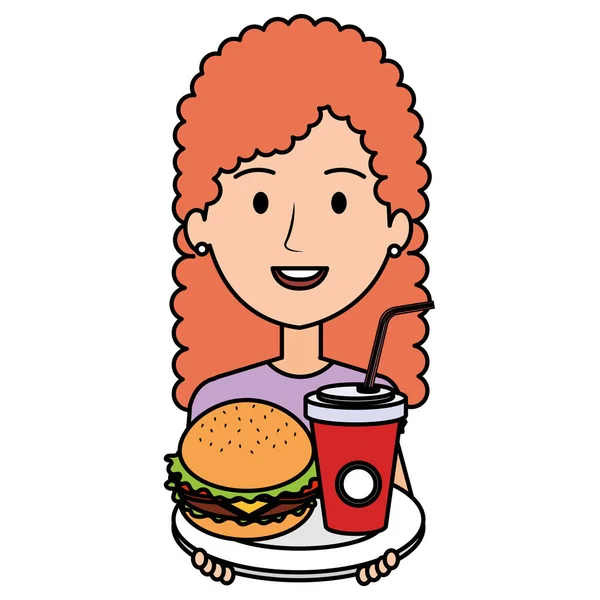 Nő ízletes Burger és szóda — Stock Vector