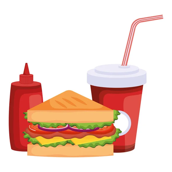Delicioso sandwish com refrigerante e ketchup garrafa — Vetor de Stock
