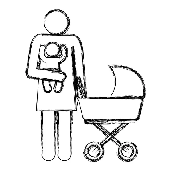 Figura madre con carro y bebé silueta avatares — Vector de stock