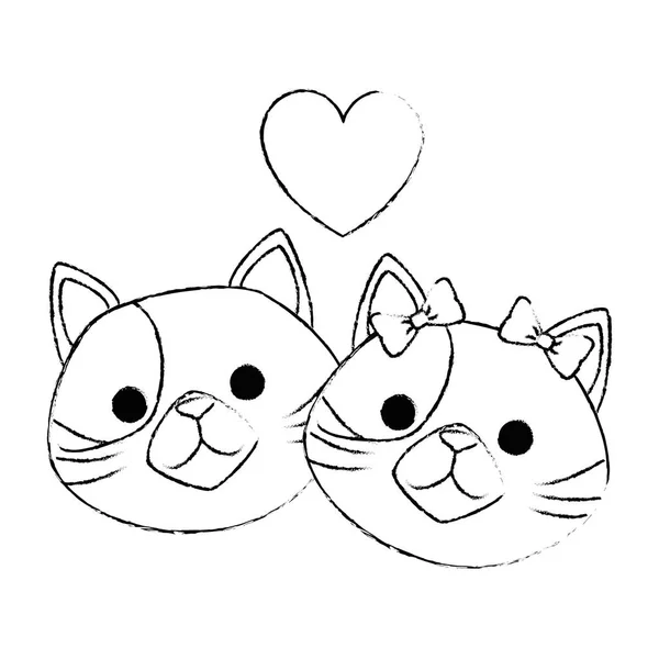 Cute cats mascots head with hearts characters — Stock Vector