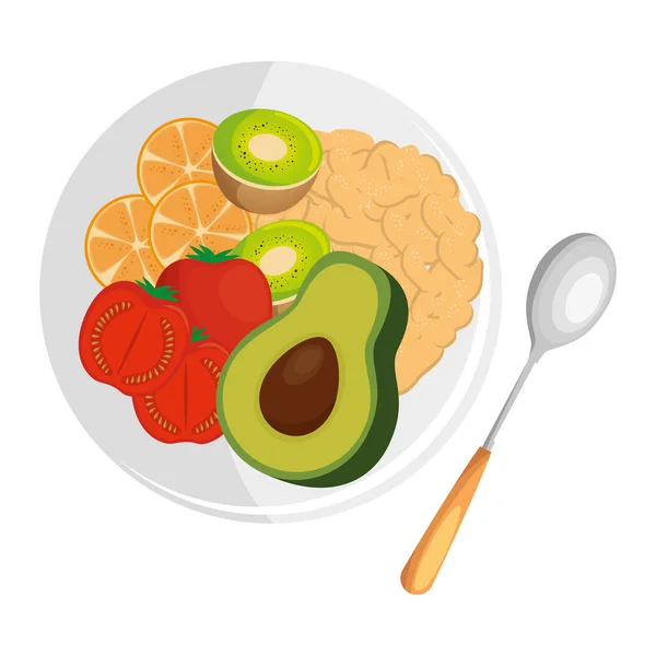 Plato con cuchara y comida saludable — Vector de stock