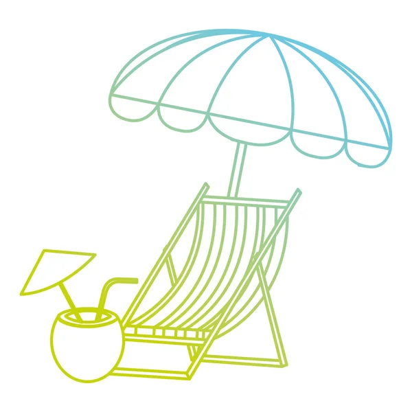 Chaise de plage en bois avec parasol et cocktail de noix de coco — Image vectorielle