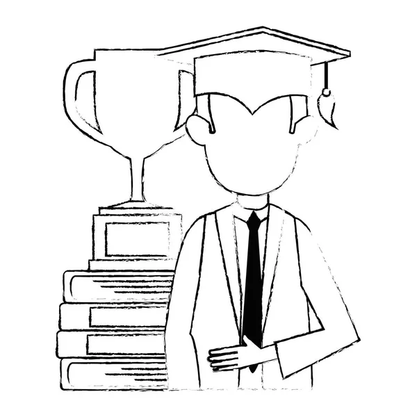 Estudiante graduado con trofeo y libros — Vector de stock