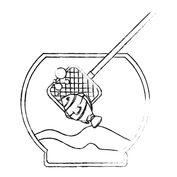 Akvarium skål med färger fisk och fiske nät — Stock vektor