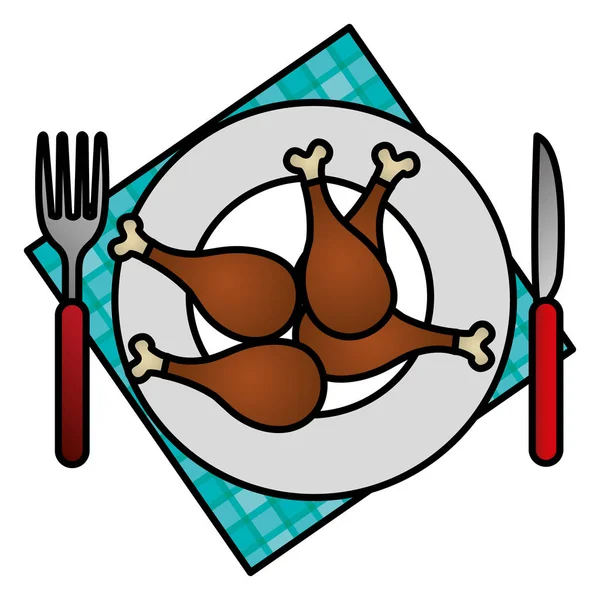 鶏の太ももとカトラリーの料理 — ストックベクタ