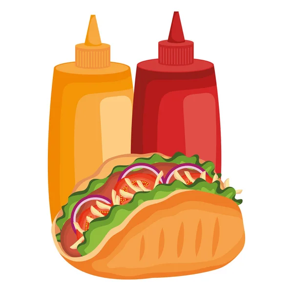 Läckra mexikanska Taco med såser flaskor — Stock vektor