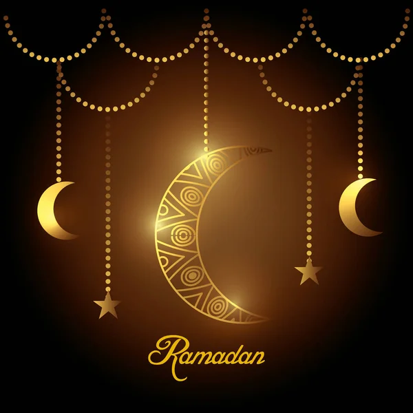 Lunas y estrellas colgando de ramadán kareem — Vector de stock