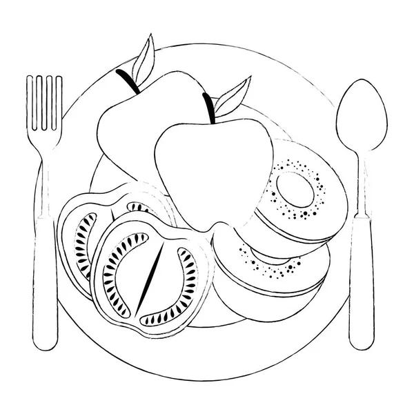 Тарілка та столові прибори з фруктами та овочами — стоковий вектор