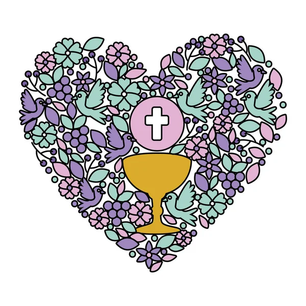 Eerste communie in kelk met florale hart decoratie — Stockvector