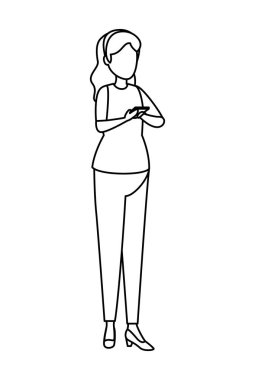 akıllı telefon karakterini kullanan sevimli genç kadın