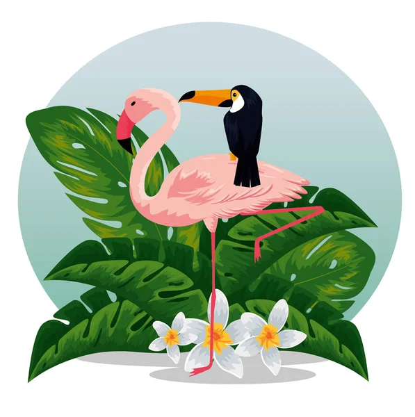 Flamboyant tropical avec toucan et fleurs avec feuilles — Image vectorielle