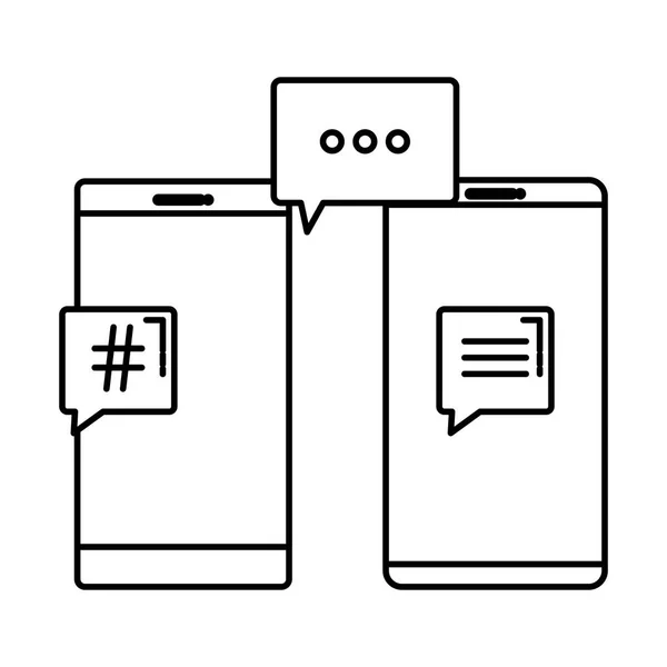Smartphones with speech bubbles hashtag symbol — Stock Vector