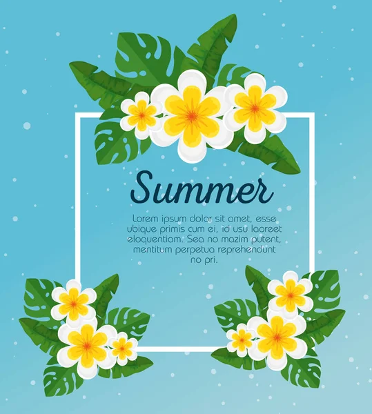 Tropikal çiçekler ve egzotik yaprakları ile yaz kartı — Stok Vektör