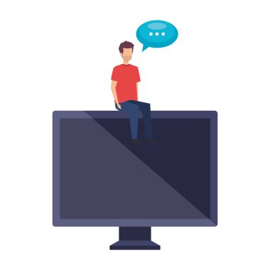 Genç adam konuşma baloncuğuyla bilgisayarda oturuyor.