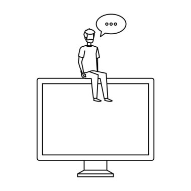 Genç adam konuşma baloncuğuyla bilgisayarda oturuyor.