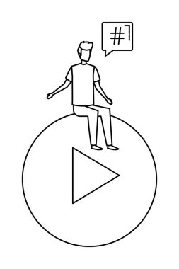 Genç adam konuşma baloncuğu ile oynat düğmesine oturdu