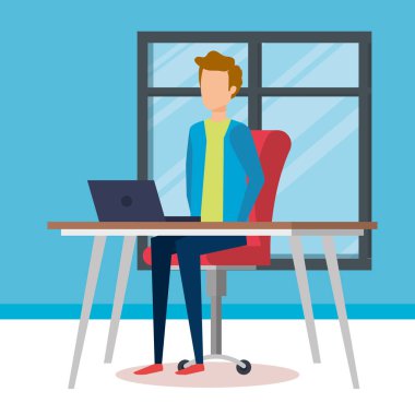 Ofis vektör illüstrasyonunda çalışan genç adam.