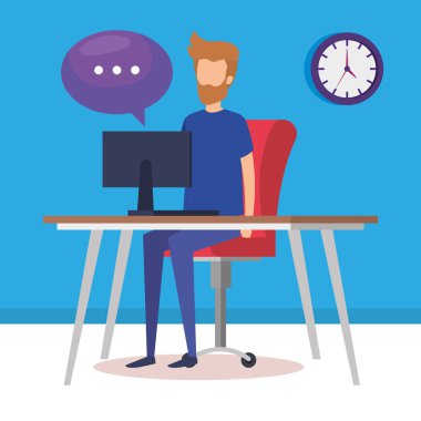 Ofis vektör illüstrasyonunda çalışan genç adam.