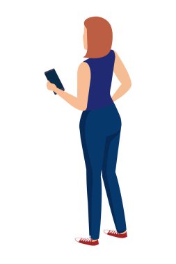 akıllı telefon karakterini kullanan sevimli genç kadın