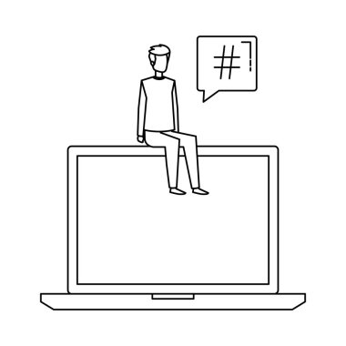 Genç adam konuşma baloncuğuyla dizüstü bilgisayarda oturuyor.