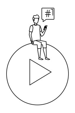 Genç adam konuşma baloncuğu ile oynat tuşuna oturmuş cep telefonu kullanıyor.