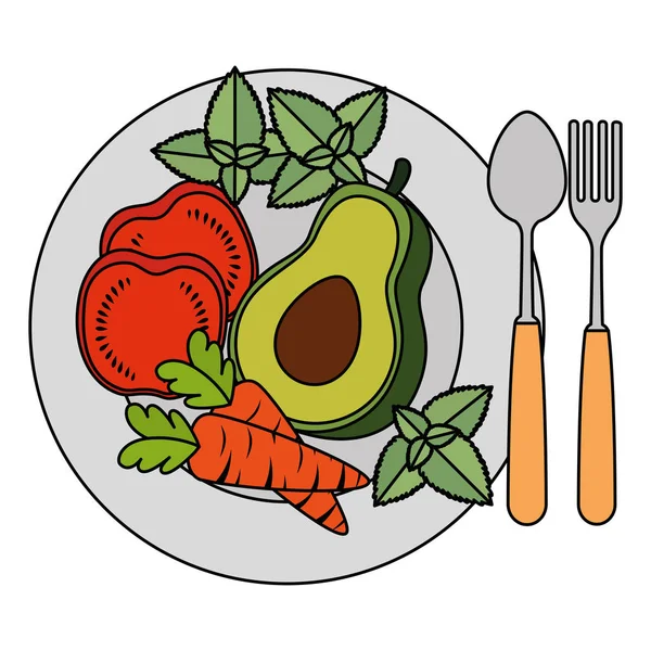 Edény-és evőeszköz gyümölcsökkel és zöldségekkel — Stock Vector