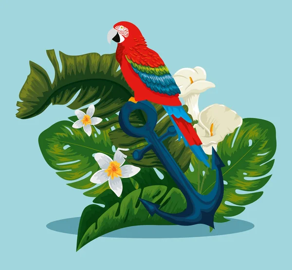 Papegoja i ankaret med exotiska blommor och löv — Stock vektor