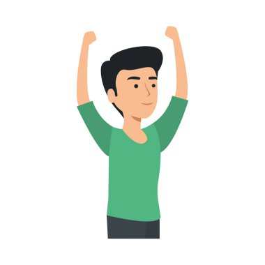 Elleri havada genç adam kutlama yapıyor.