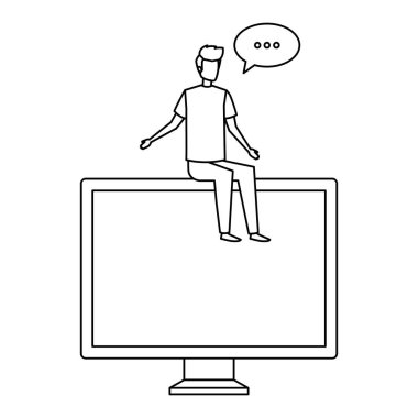 Genç adam konuşma baloncuğuyla bilgisayarda oturuyor.