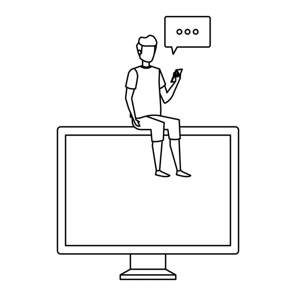 Молодий чоловік використовує мобільний телефон, сидячи в комп'ютері з мовною бульбашкою — стоковий вектор
