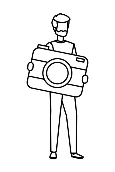Молодий чоловік піднімає фотоапарат фотографічний персонаж — стоковий вектор